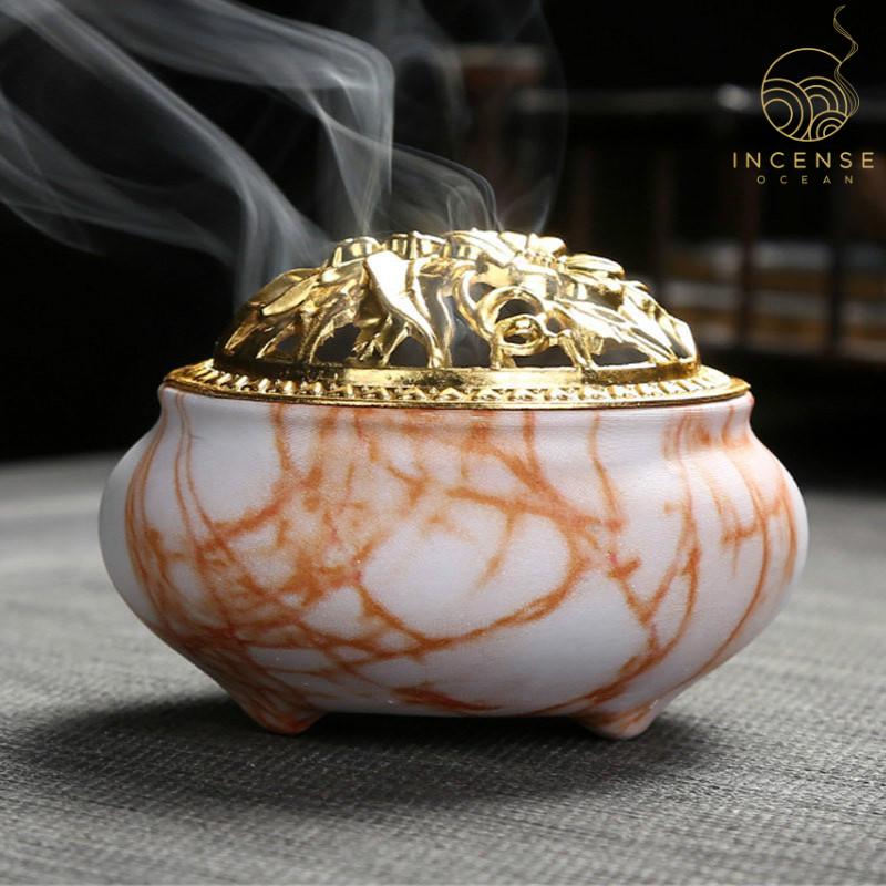 Marble Coil Censer Incense Burner Copper Cover Ceramic by incenseocean