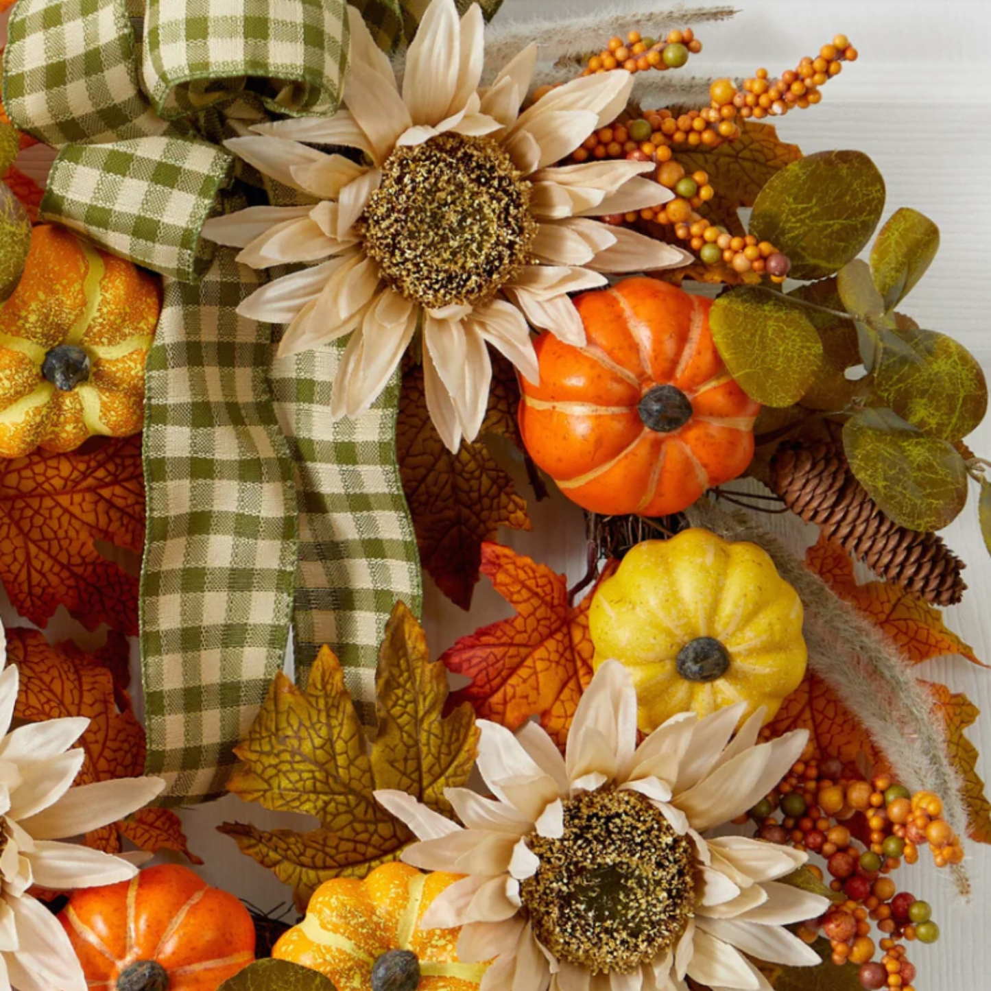 24” Fall Pumpkin, Sunflower Artificial Autumn Wreath with Decorative Ribbon by Nearly Natural