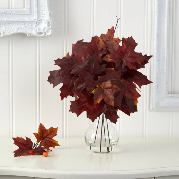 18” Autumn Maple Leaf Artificial Plant in Glass Planter by Nearly Natural