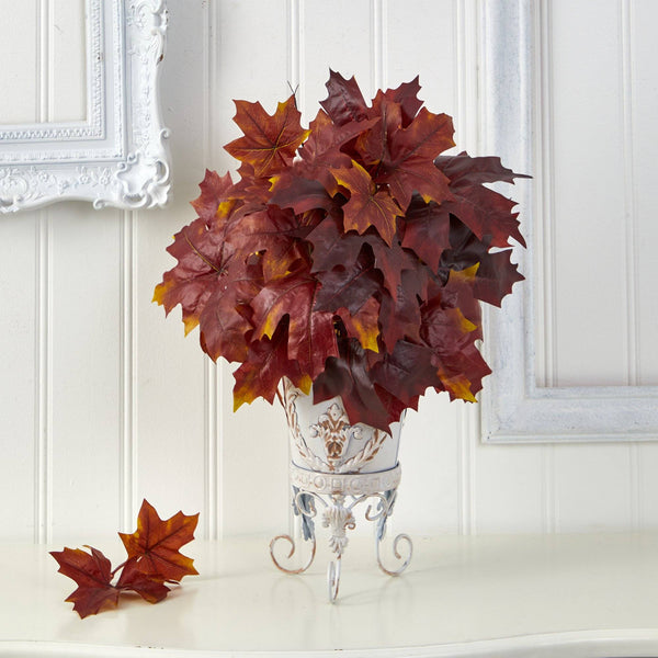 20” Autumn Maple Leaf Artificial Plant in Metal Planter by Nearly Natural