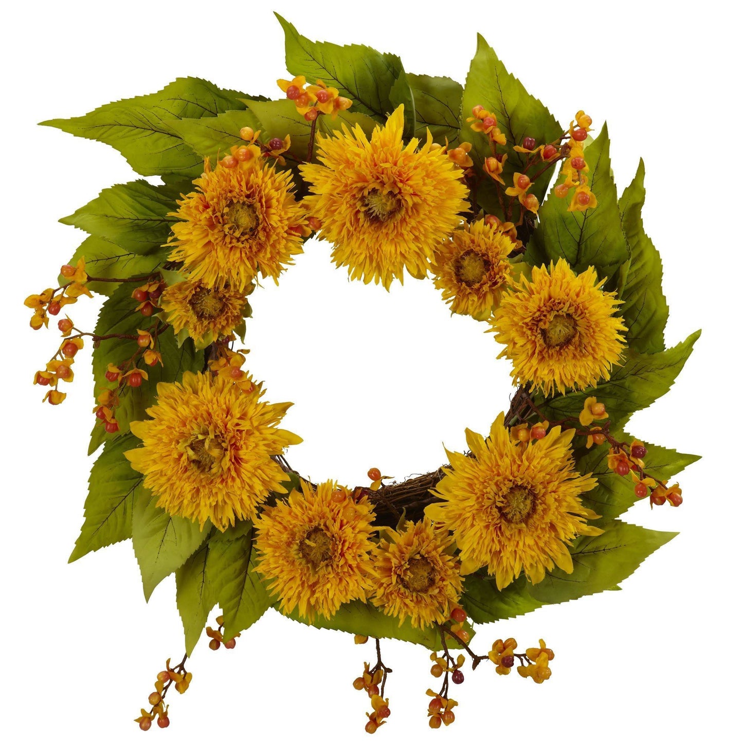 22" Golden Sunflower Wreath" by Nearly Natural