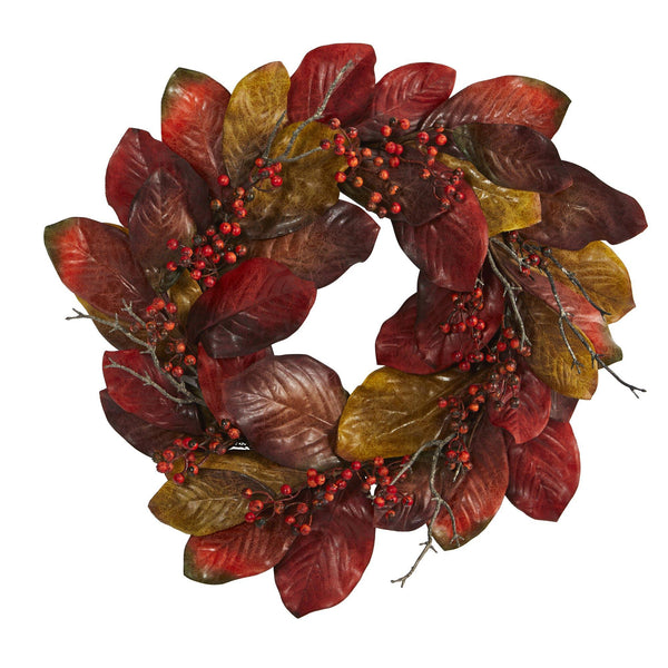 24” Harvest Magnolia Leaf and Berries Artificial Wreath by Nearly Natural