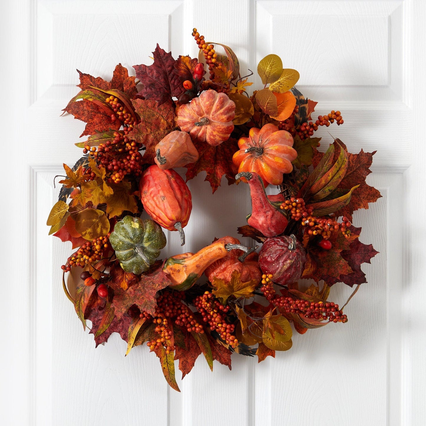 24" Pumpkin & Berry Wreath" by Nearly Natural