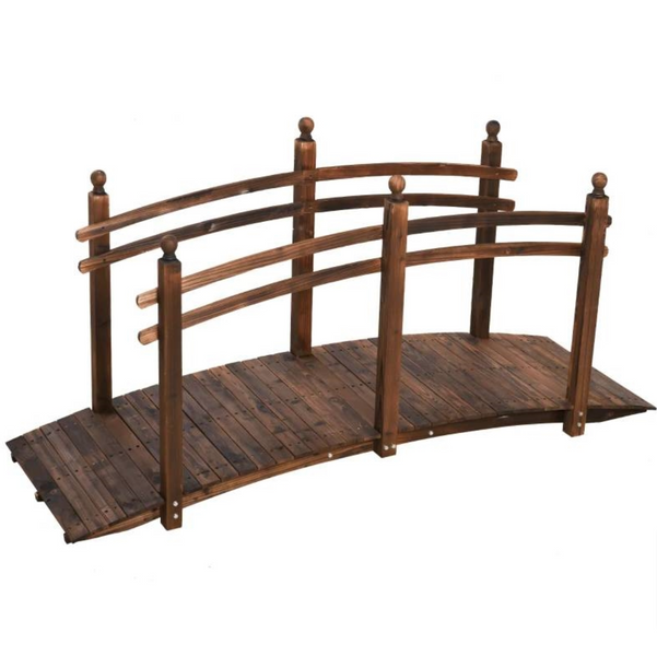 7.5 Ft Wooden Garden Bridge with Hand Rails in Carbonized Wood Finish
