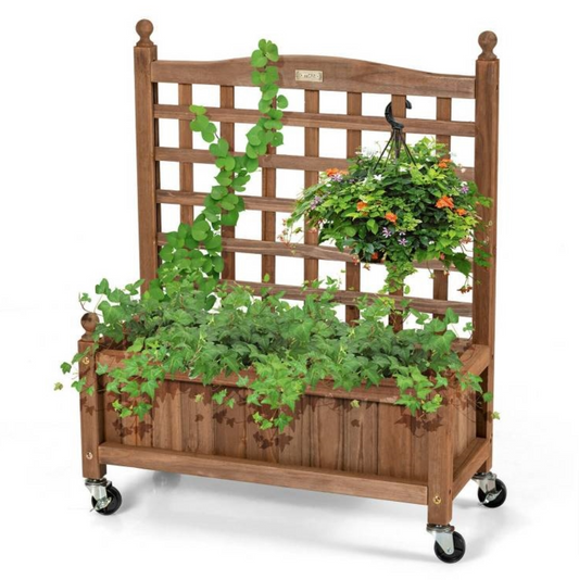 Solid Fir Wood Outdoor Raised Garden Bed Planter Box Cart with Trellis on Wheels