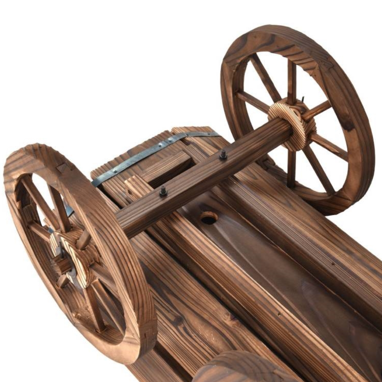 Fir Wood Barrel Planter Wagon on Wooden Wheels