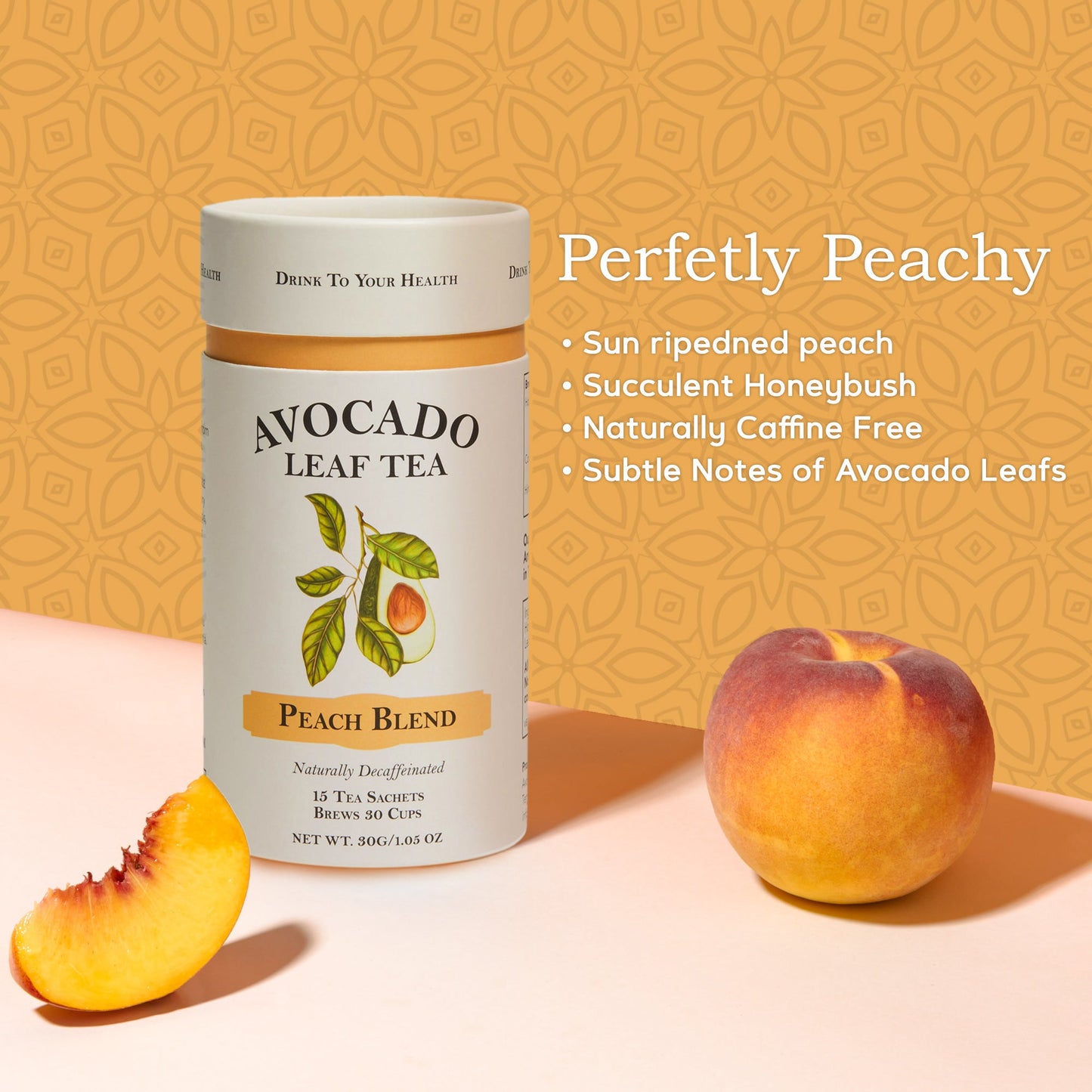 Avocado Leaf Tea Peach Blend <p> * Please Note canisters are currently out of stock and orders will be replaced by 30 single serve sachets as pictured below. Canisters will be restocked this month. by Avocado Tea Co.