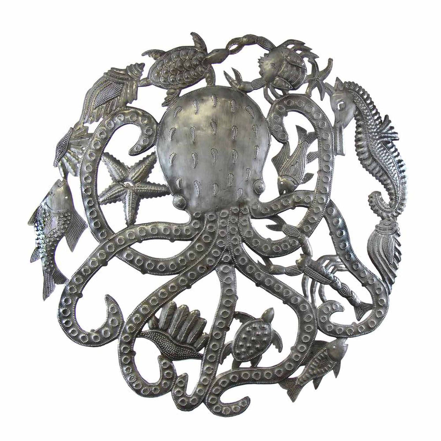 Octopus & Sea Life Nautical Haitian Metal Drum Wall Art, 23" by Global Crafts Wholesale - Lotus and Willow