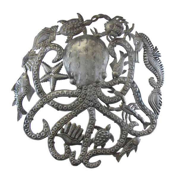 Octopus & Sea Life Nautical Haitian Metal Drum Wall Art, 23 by Global Crafts Wholesale - Lotus and Willow