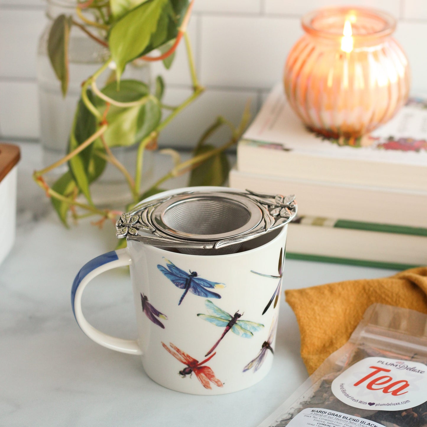 Lucky Dragonfly Mug with Infuser (in Gift Box) by Plum Deluxe Tea - Lotus and Willow