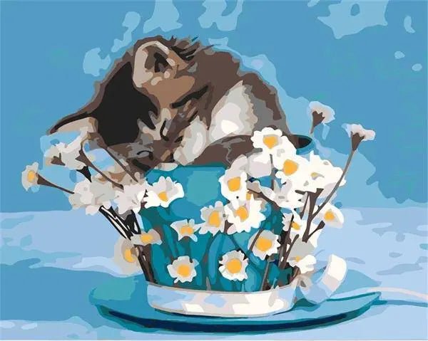 A Flower Bucket and Cat by Paint with Number