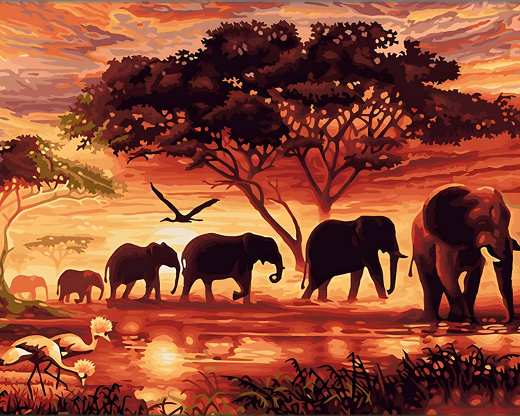 A Sunset And A Herd Of Elephant by Paint with Number