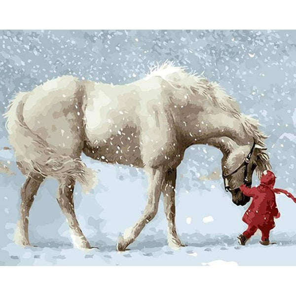 A White Horse And A Little Girl In The Snow by Paint with Number