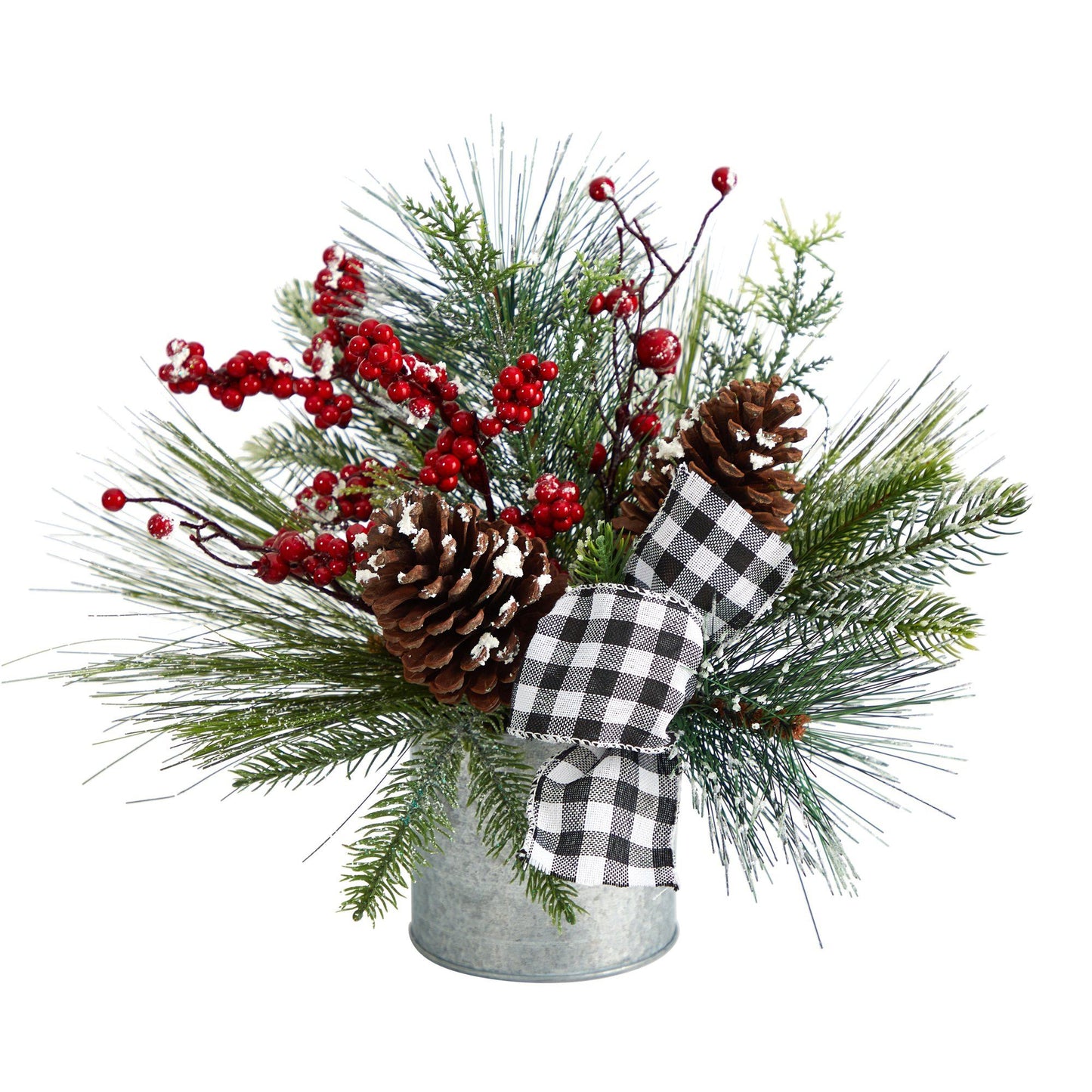 12” Frosted Pinecones and Berries Artificial Arrangement in Vase with Decorative Plaid Bow by Nearly Natural