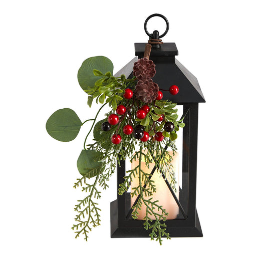 12" Holiday Berries and Greenery Metal Lantern Table Christmas Arrangement with LED Candle Included" by Nearly Natural