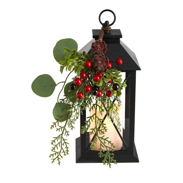 12 Holiday Berries and Greenery Metal Lantern Table Christmas Arrangement with LED Candle Included by Nearly Natural