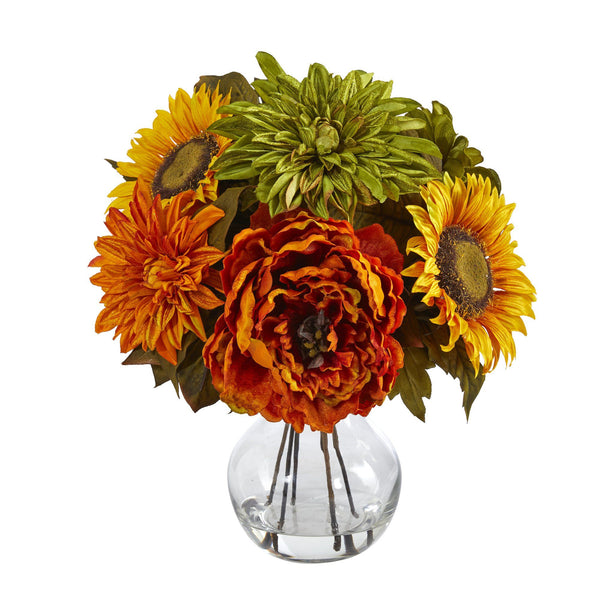 12” Peony, Dahlia and Sunflower Artificial Arrangement in Glass Vase by Nearly Natural