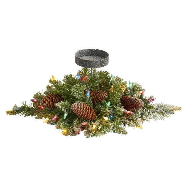 16” Flocked Artificial Christmas Pine Candelabrum with 35 Multicolored Lights and Pine Cones by Nearly Natural