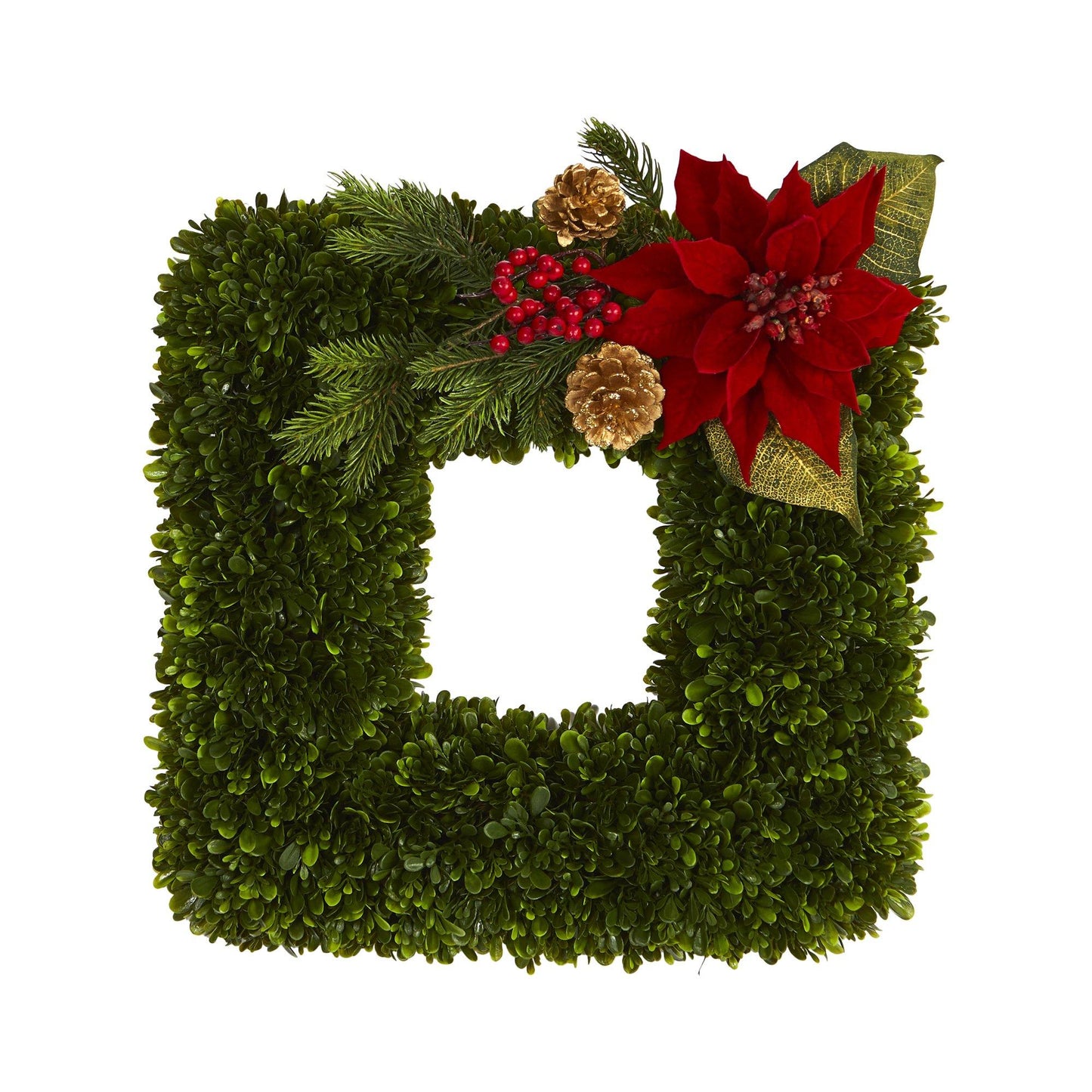 16” Tea Leaf and Poinsettia Artificial Square Wreath by Nearly Natural