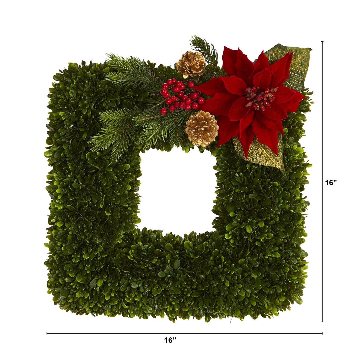 16” Tea Leaf and Poinsettia Artificial Square Wreath by Nearly Natural