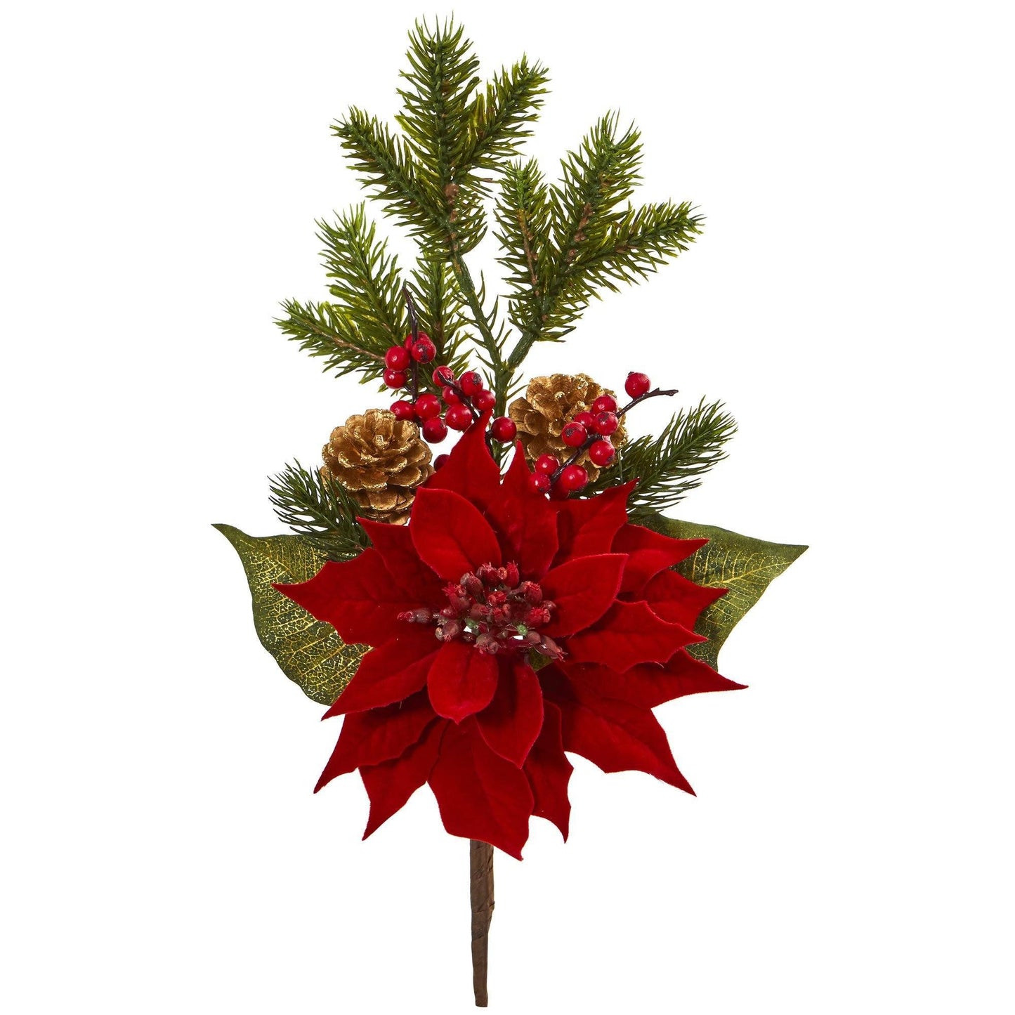 17” Poinsettia, Berry and Pine Artificial Flower Bundle (Set of 6) by Nearly Natural