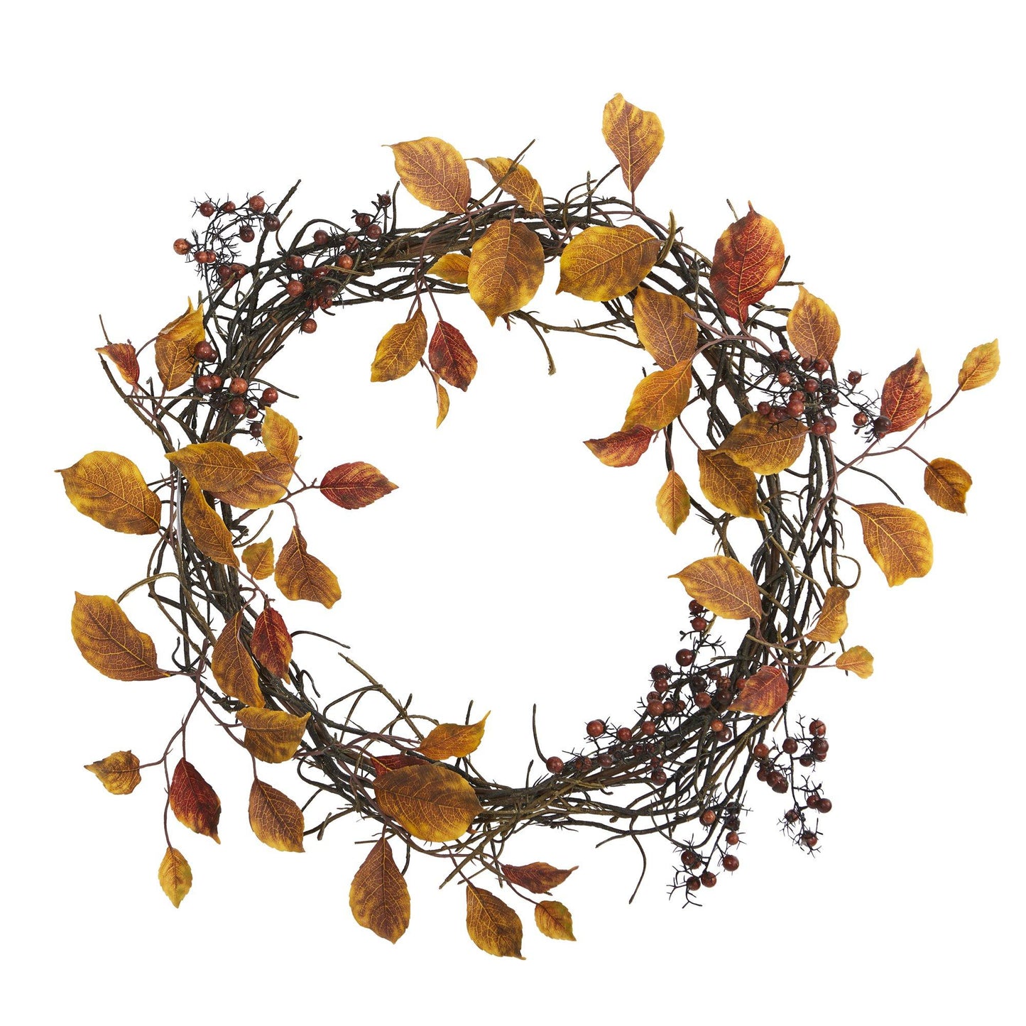 19” Harvest Leaf, Berries  and Twig Artificial Wreath by Nearly Natural