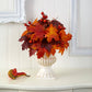 20” Autumn Maple Leaf and Berries Artificial Plant in White Urn by Nearly Natural