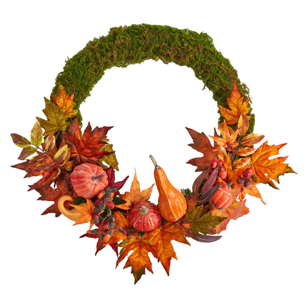 20” Autumn Pumpkin, Gourd and Fall Maple Leaf Artificial Wreath by Nearly Natural