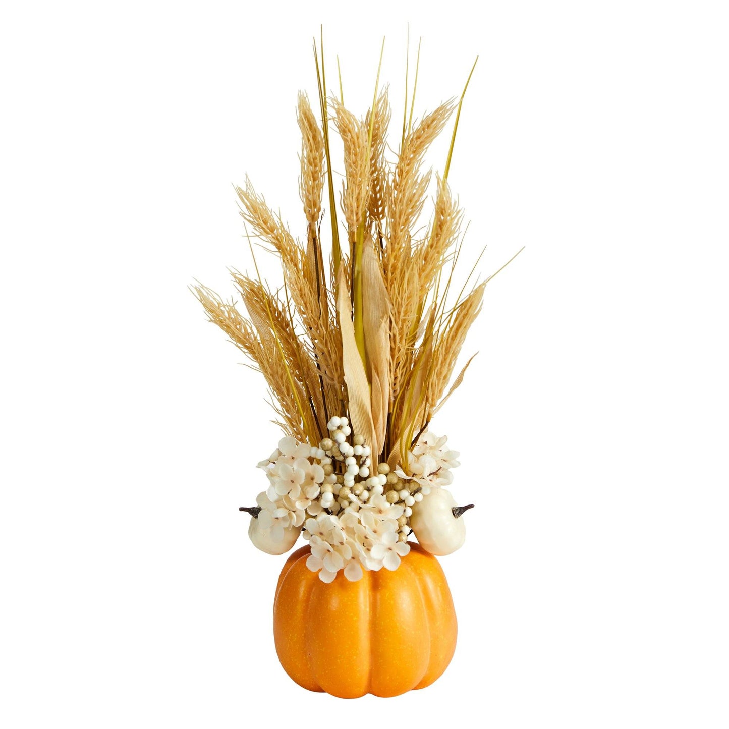 21” Autumn Dried Wheat and Pumpkin Artificial Fall Arrangement in Decorative Pumpkin Vase by Nearly Natural