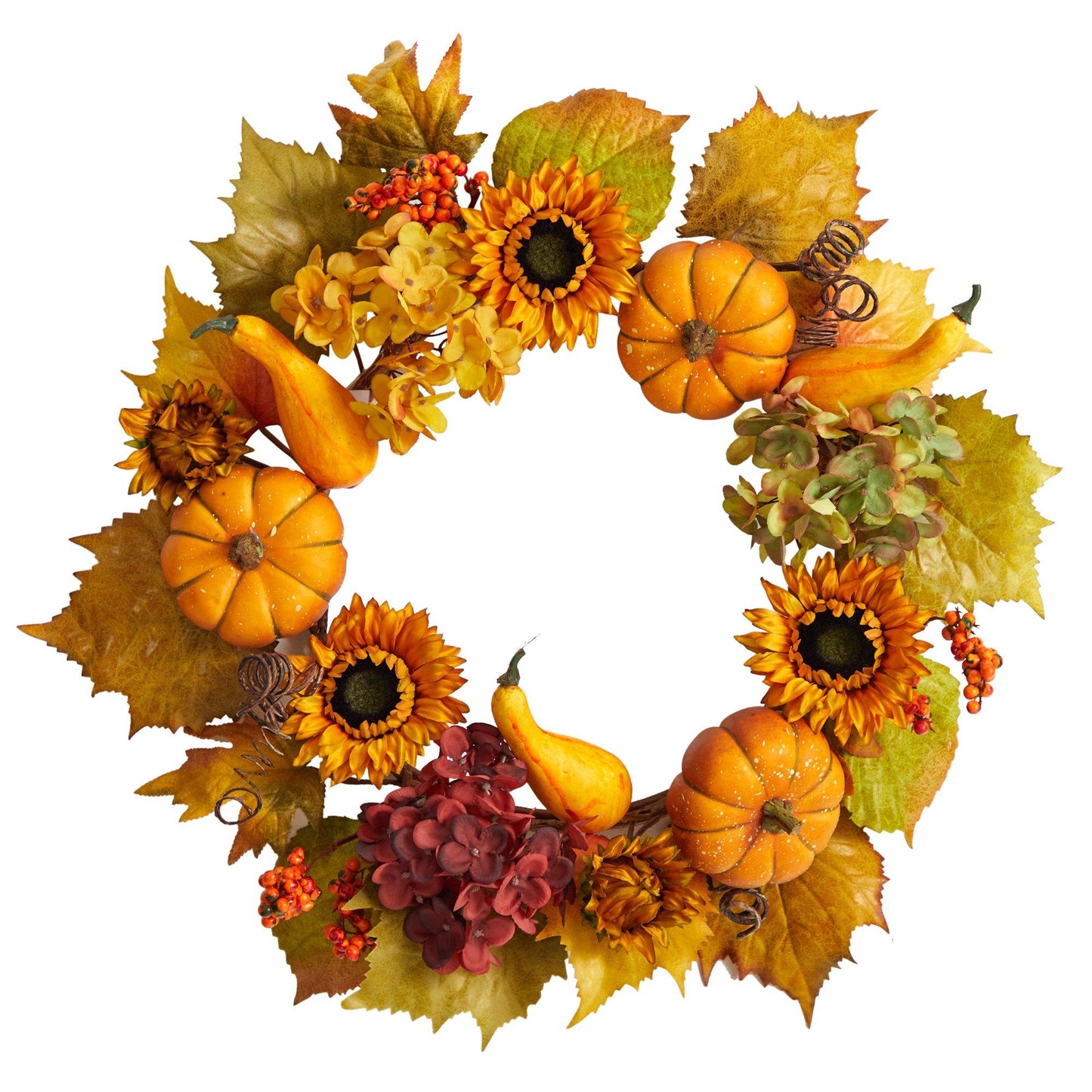 22” Autumn Hydrangea, Pumpkin and Sunflower Artificial Fall Wreath by Nearly Natural