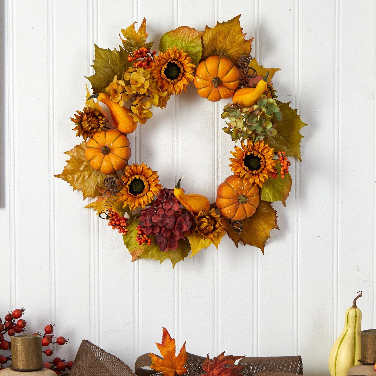 22” Autumn Hydrangea, Pumpkin and Sunflower Artificial Fall Wreath by Nearly Natural