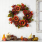 24” Autumn Sunflower, Pumpkin, Pinecone and Berries Fall Artificial Wreath by Nearly Natural