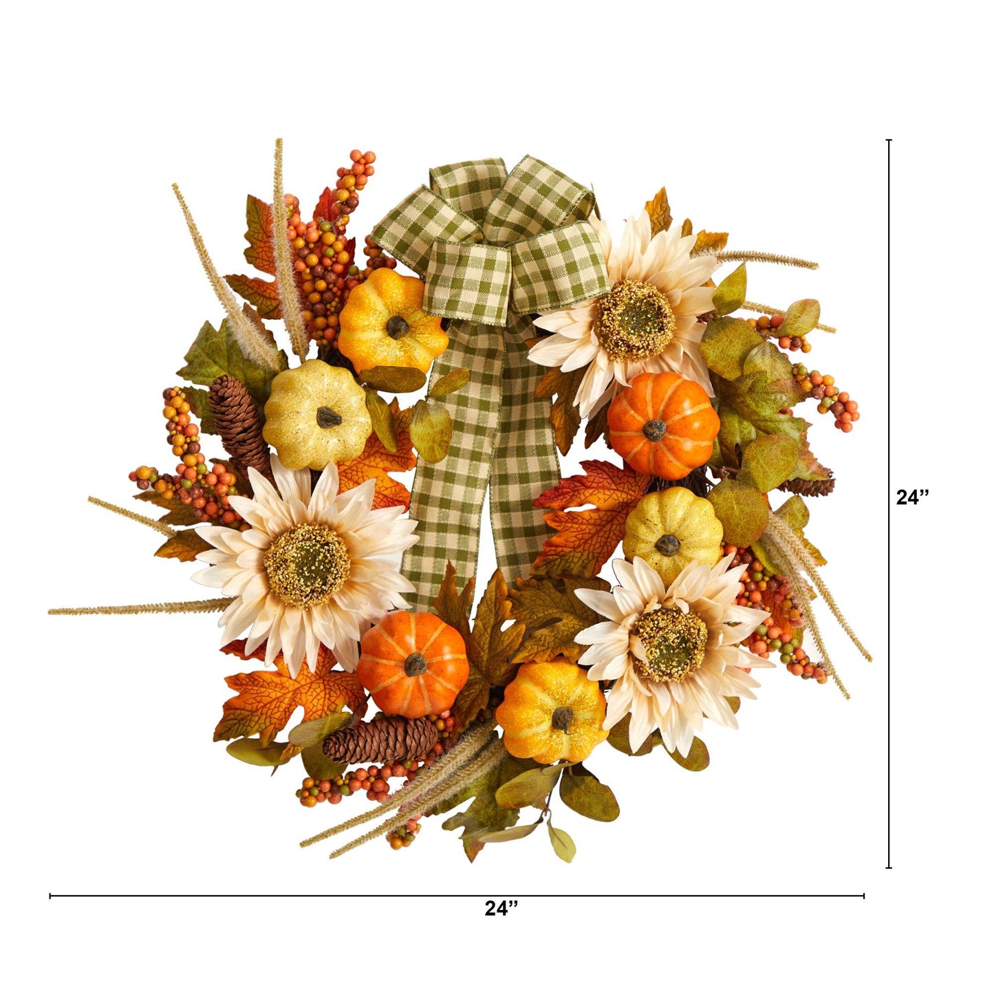 24” Fall Pumpkin, Sunflower Artificial Autumn Wreath with Decorative Ribbon by Nearly Natural