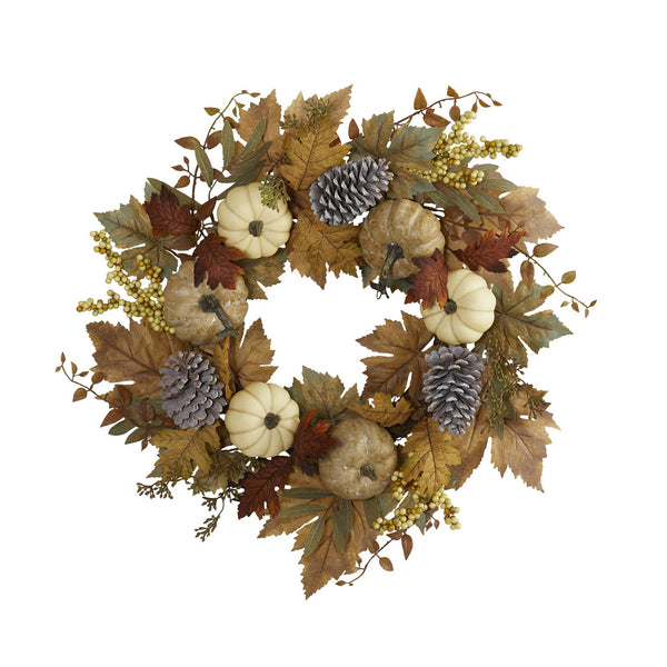 24” Fall Pumpkins, Pine Cones and Berries Artificial Wreath by Nearly Natural