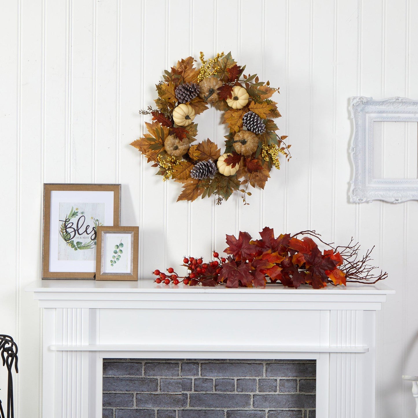 24” Fall Pumpkins, Pine Cones and Berries Artificial Wreath by Nearly Natural