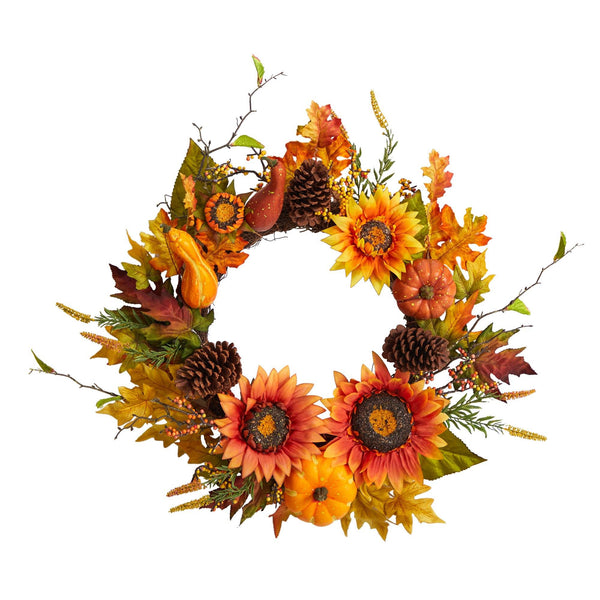 24” Fall Sunflower, Pumpkin, Gourds, Pinecone and Berries Autumn Artificial Wreath by Nearly Natural