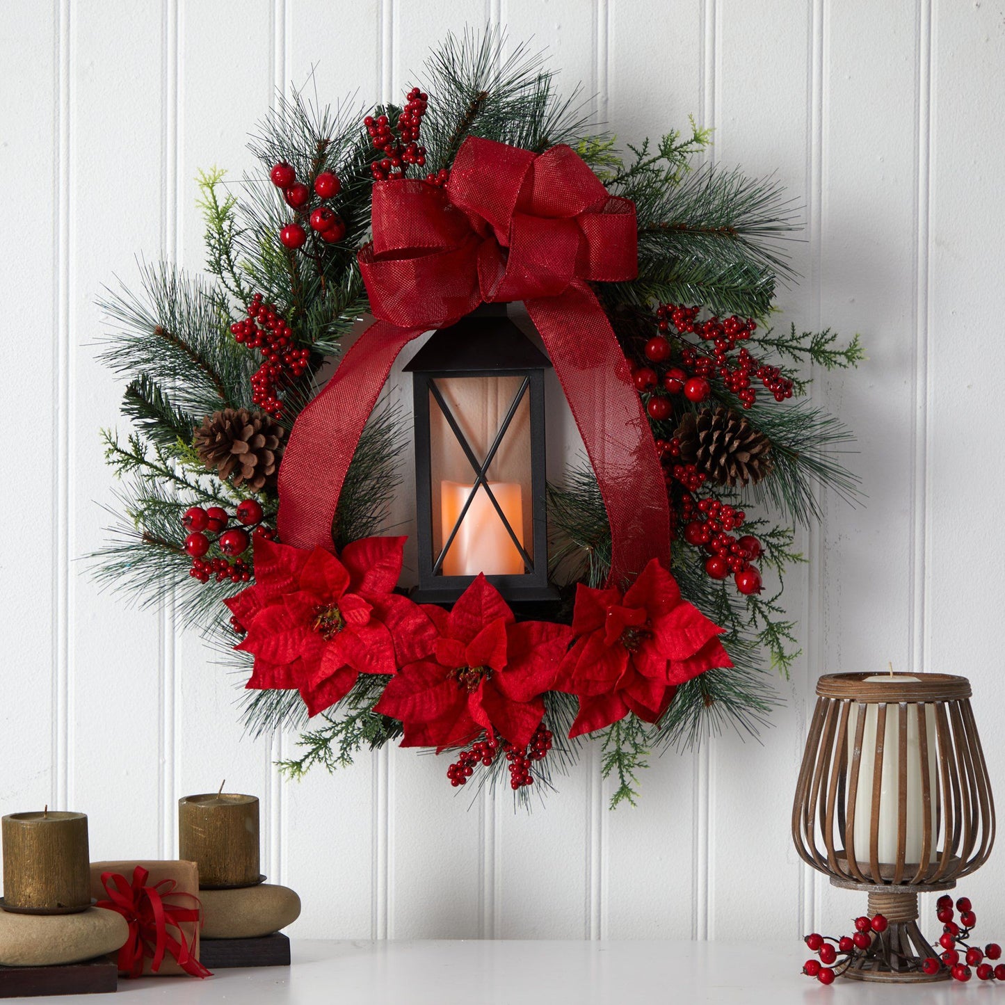 28” Poinsettia and Berry Holiday Lantern Christmas Wreath with LED Candle by Nearly Natural