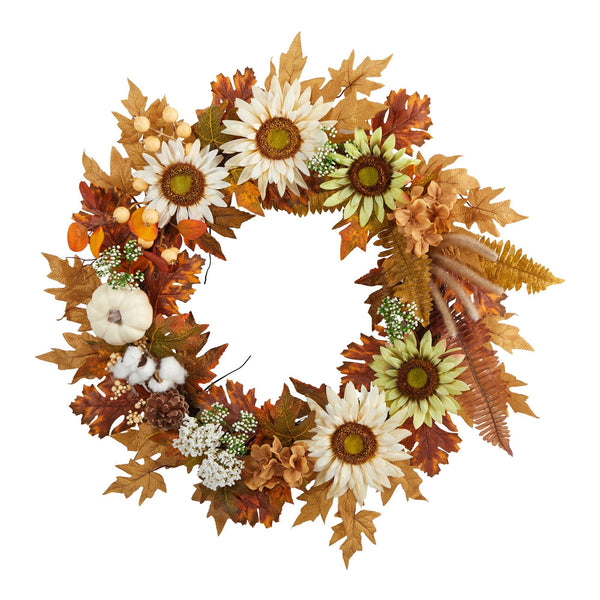 30” Autumn Sunflower, White Pumpkin and Berries Artificial Fall Wreath by Nearly Natural