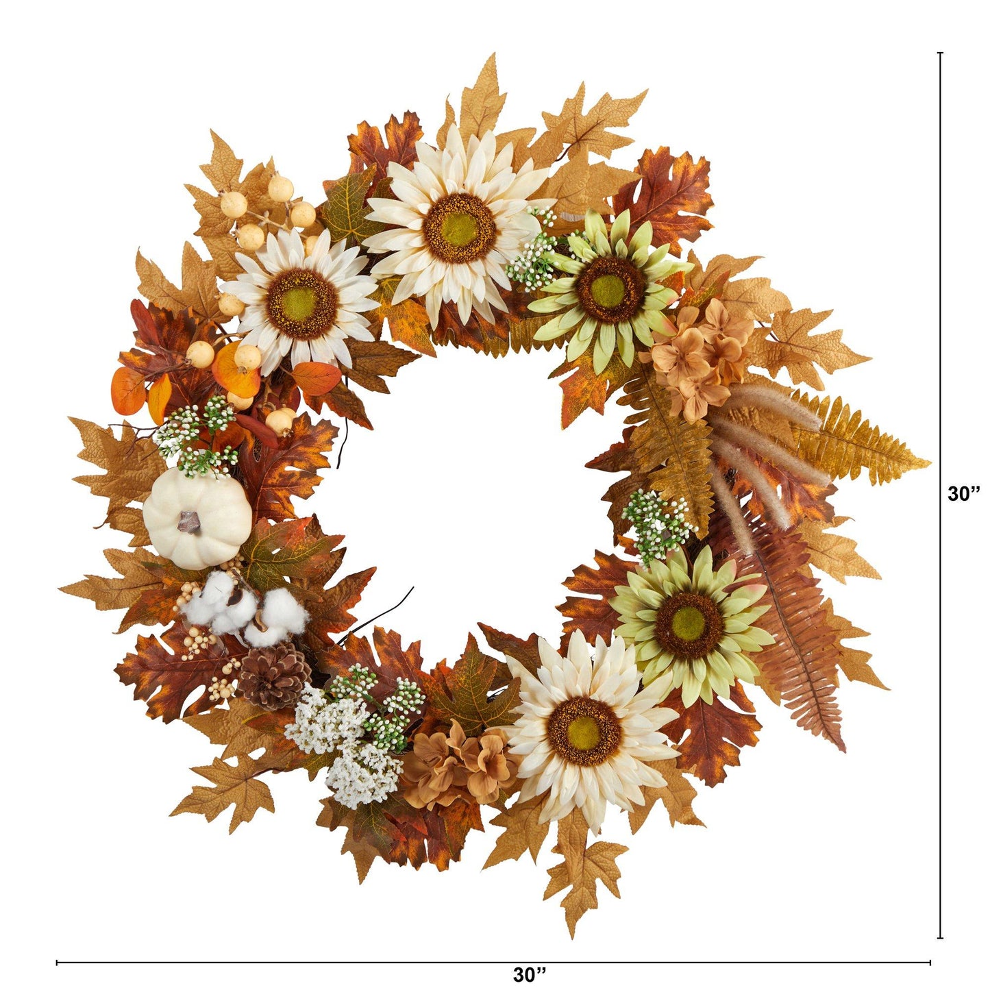 30” Autumn Sunflower, White Pumpkin and Berries Artificial Fall Wreath by Nearly Natural