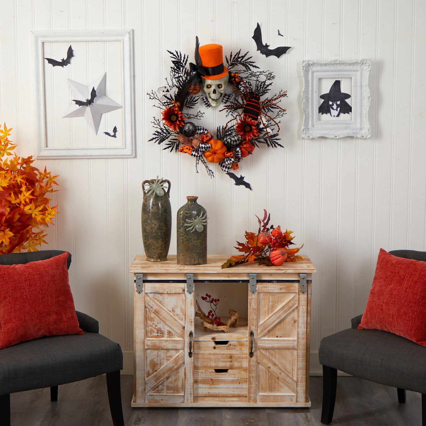 30” Spider and Skull with Top Hat Halloween Wreath by Nearly Natural