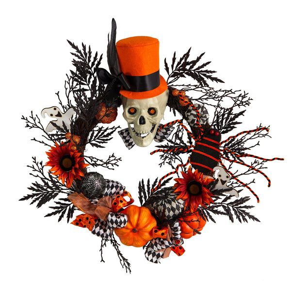 30” Spider and Skull with Top Hat Halloween Wreath by Nearly Natural