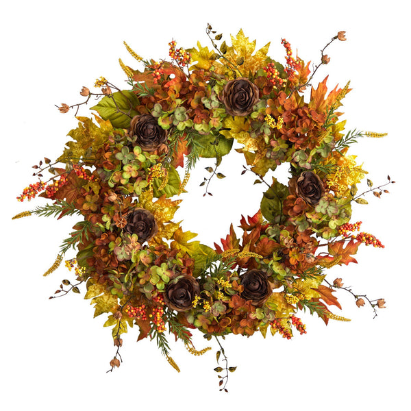 32” Fall Hydrangea, Ranunculus and Maple Leaf Autumn Artificial Wreath by Nearly Natural