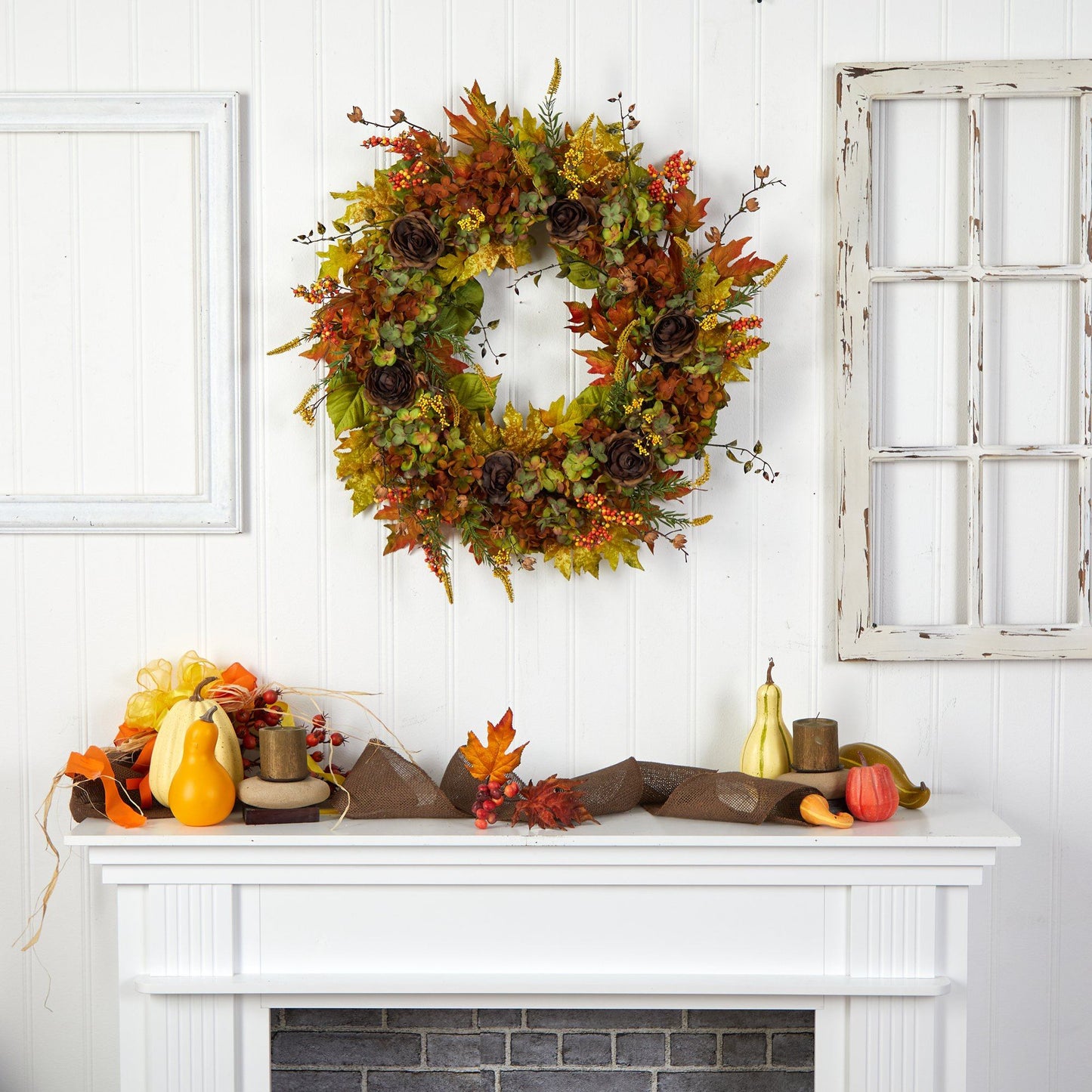 32” Fall Hydrangea, Ranunculus and Maple Leaf Autumn Artificial Wreath by Nearly Natural