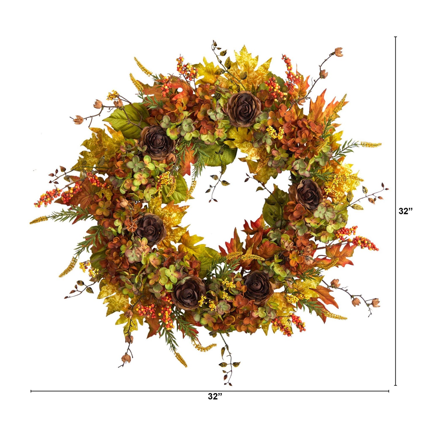 32” Fall Hydrangea, Ranunculus and Maple Leaf Autumn Artificial Wreath by Nearly Natural