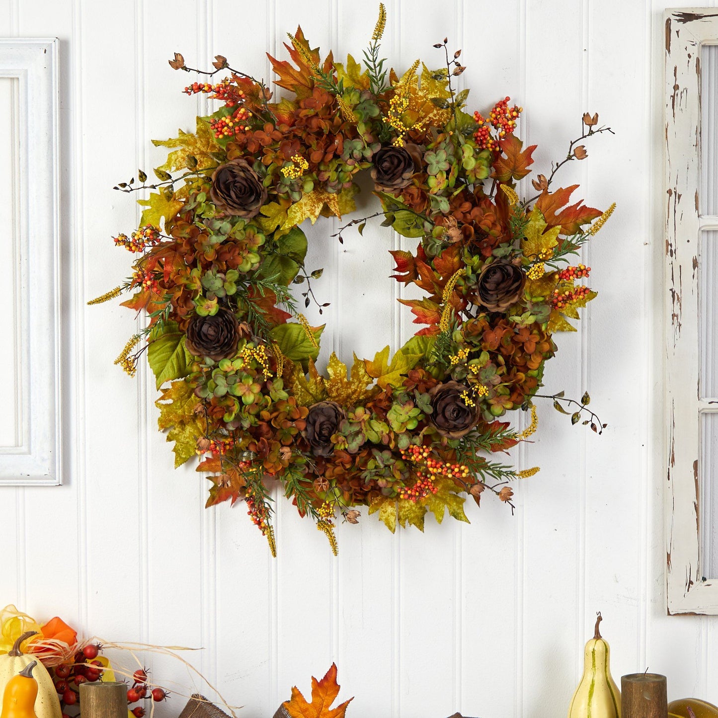 32” Fall Hydrangea, Ranunculus and Maple Leaf Autumn Artificial Wreath by Nearly Natural