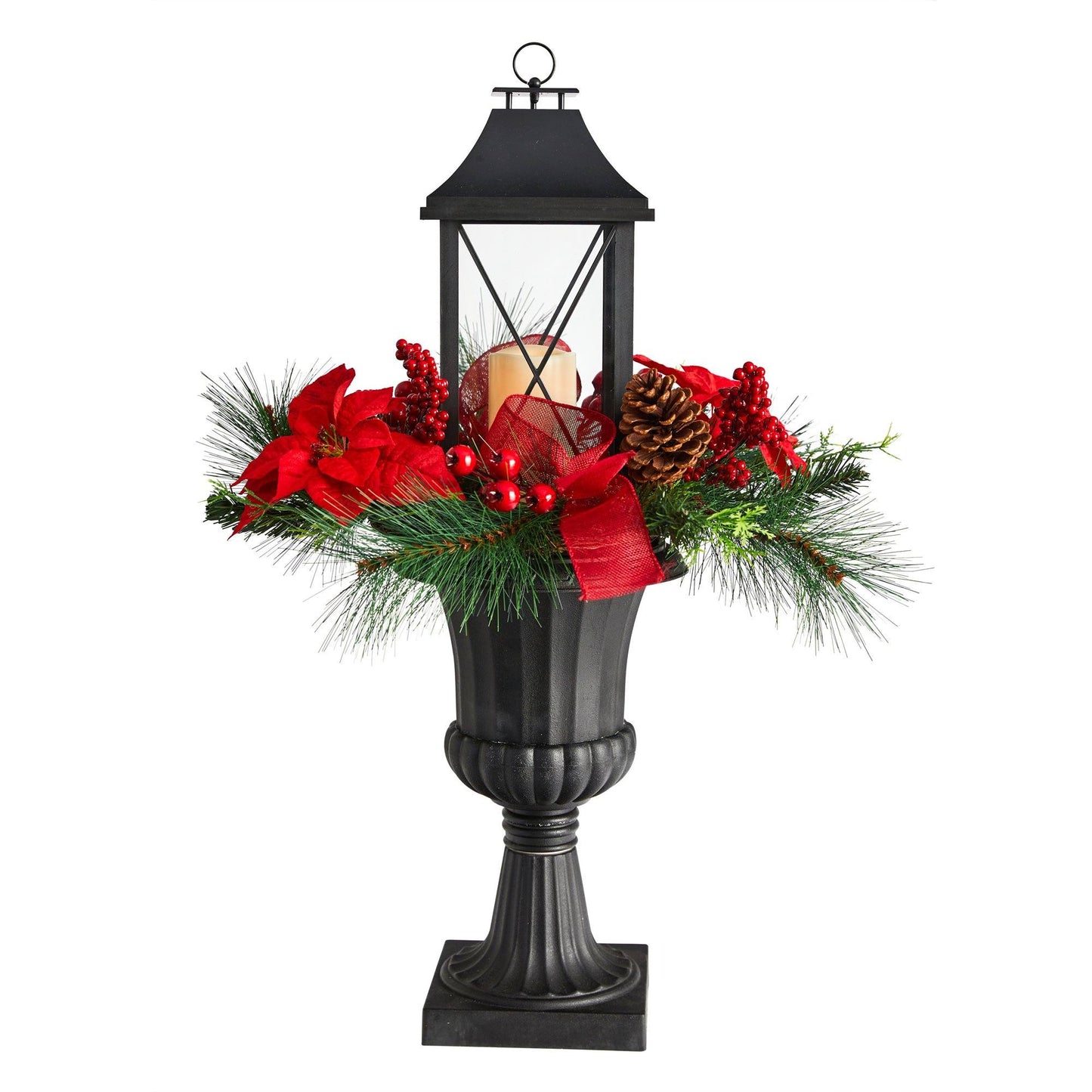33” Holiday Berries and Poinsettia with Large Lantern and Included LED Candle by Nearly Natural