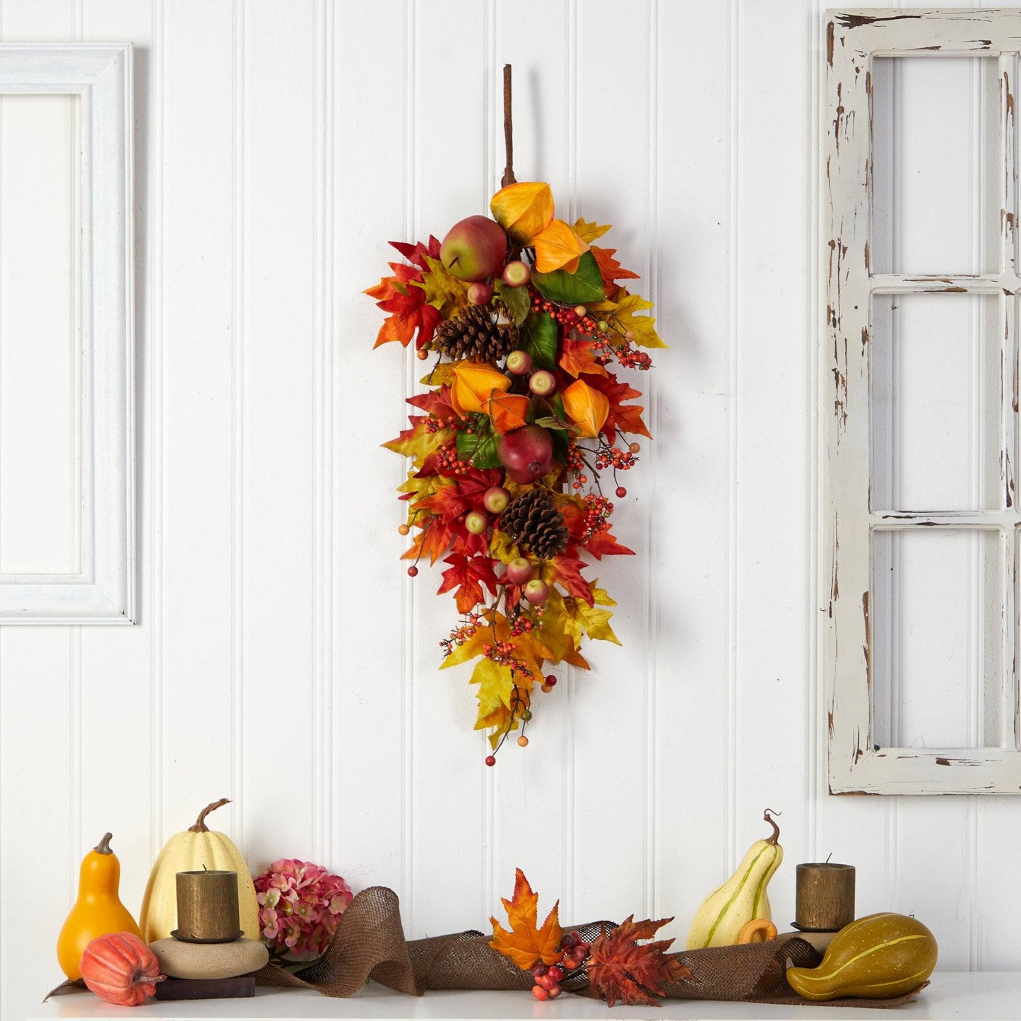 35” Autumn Maple Leaf and Berries Fall Teardrop by Nearly Natural