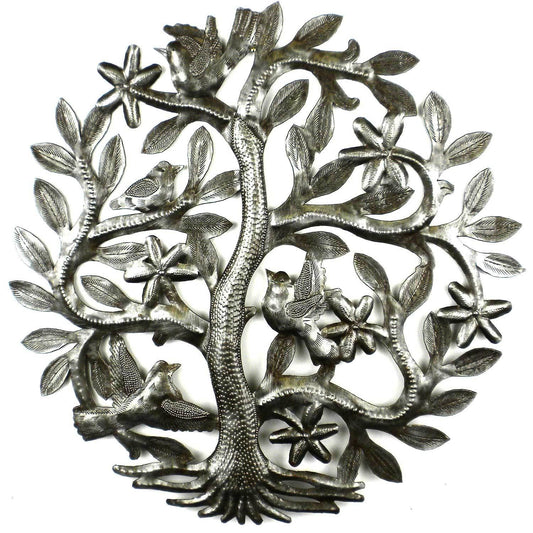 Tree of Life Birds Haitian Metal Drum Wall Art, 14" by Global Crafts Wholesale - Lotus and Willow